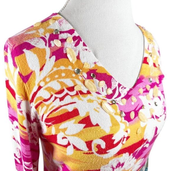 Boston Proper Multi Color Floral Knit Top Beaded jewel neckline Spring Size M - Picture 7 of 10